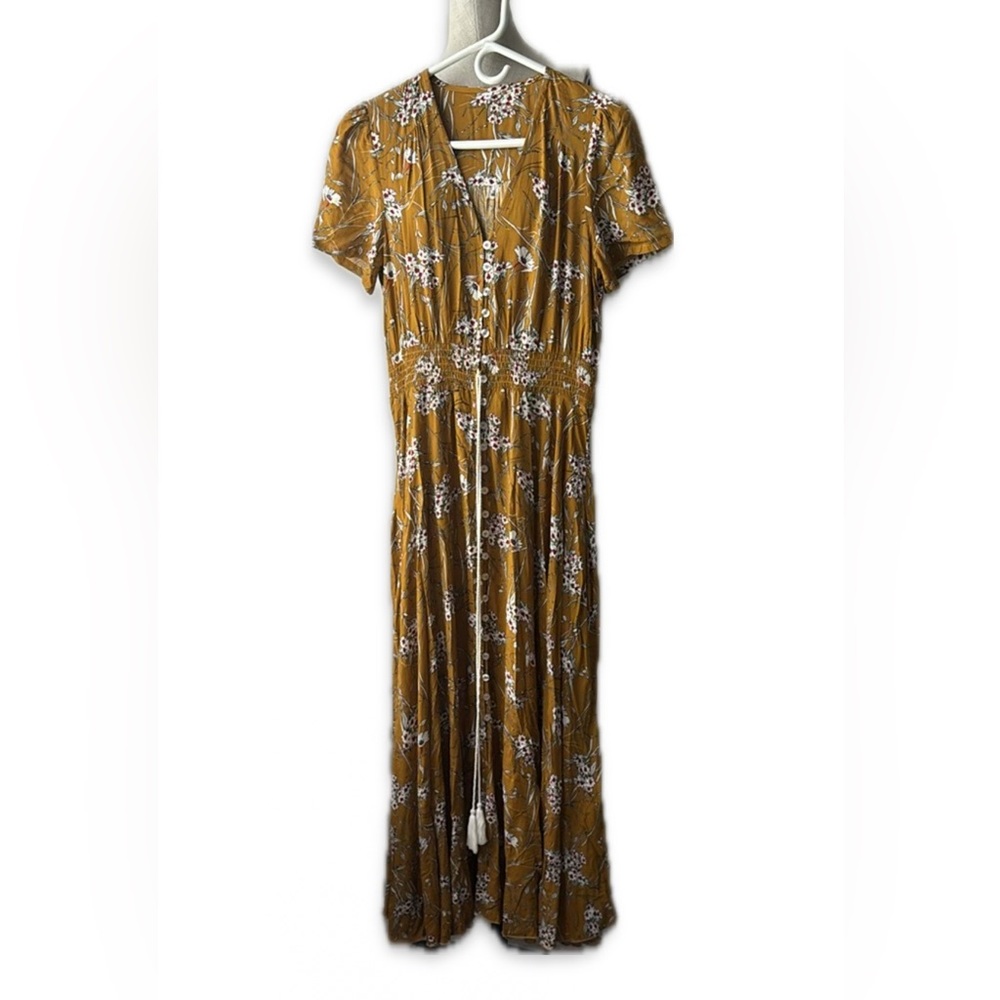 Dress Botanical Floral Print Maxi Yellow Mustard Short Sleeve V-Neck A-Line